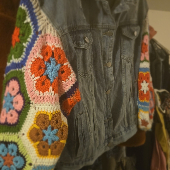 Miracle Denim Jacket with Multicolor Crochet Sleeves - Picture 4 of 7